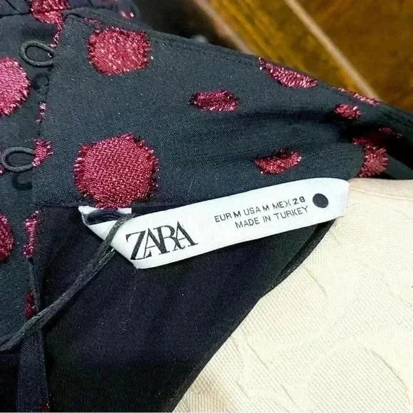 NWT ZARA Pink Polka Dot Voluminous Black Midi Dress Women’s M - Picture 12 of 13